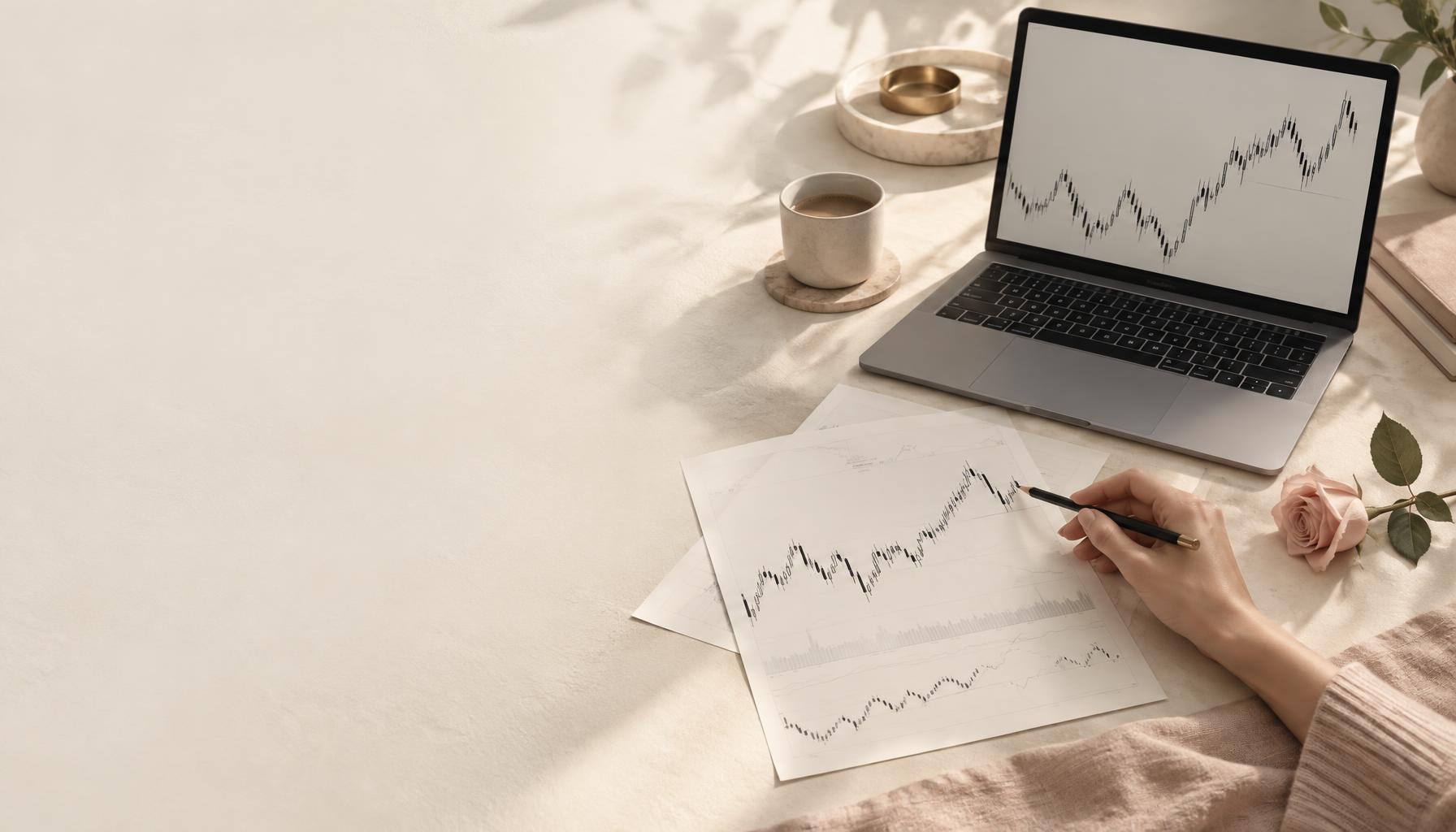 A study of market charts beside a laptop